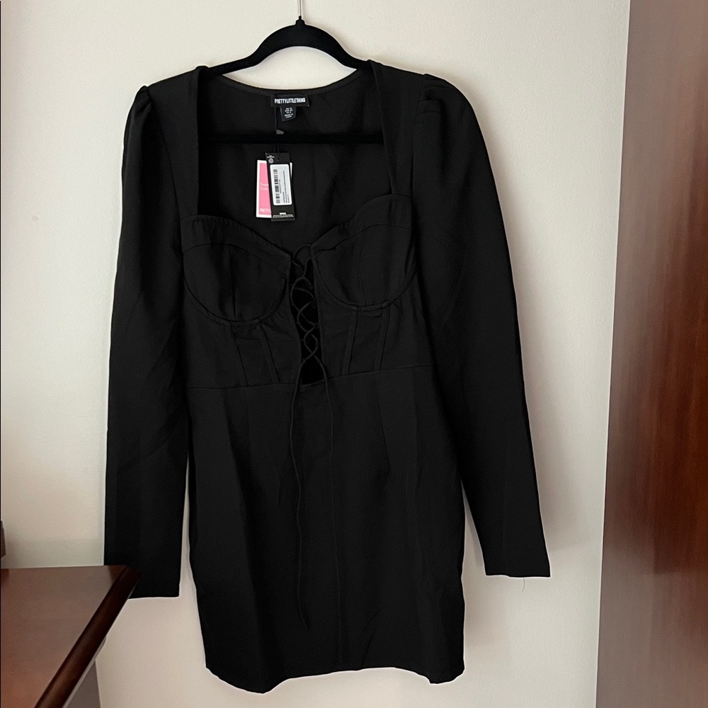 PrettyLittleThing NWT Black Lace-Up Long Sleeve Dress- Little Black Dress-